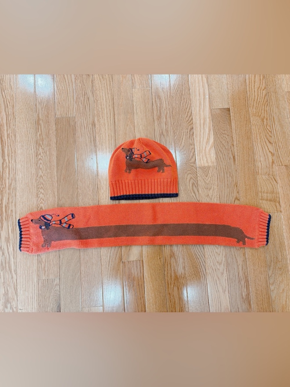 Janie and Jack Orange Knit Beanie and Scarf Set with Dachshund Motif